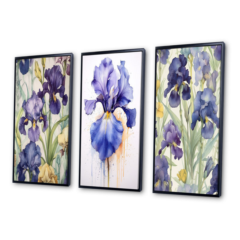 Impression d'art mauve et vert mauve d'Iris II - ensemble de 3 fleurs, H 32 po x l 48 po, Cadre flottant noir