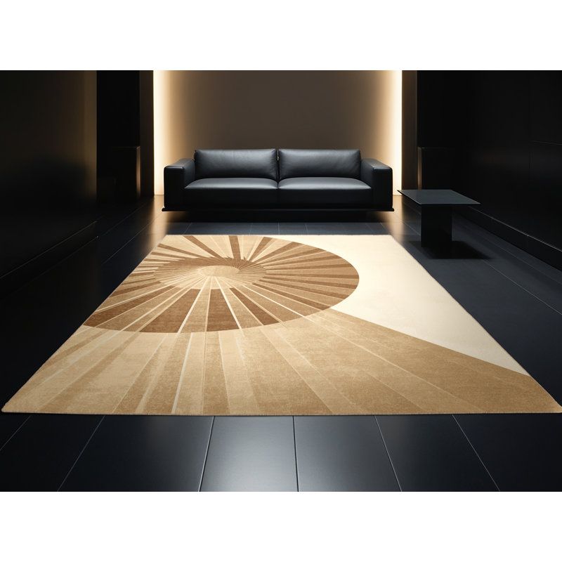 Machine Washable Manhasset Art Deco Arc Rug in Beige – Beige Binding, 5' Round