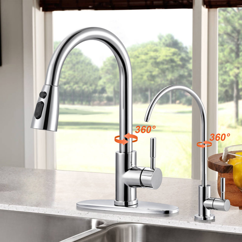 ARCORA Stainless Steel Pull-Down Kitchen Faucet and Water Filter Faucet Combo, Polished Chrome