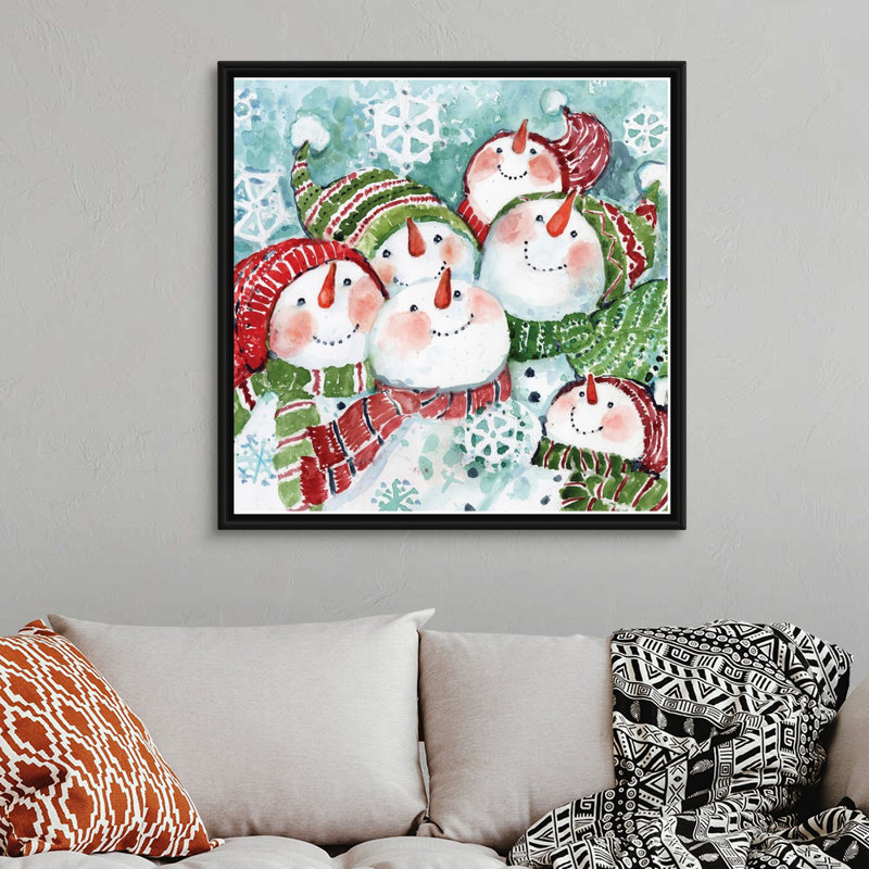 «Snowmen Friends» par Susan Winget - peinture sur toile à cadre flottant, H 37,25 po x l 37,25 po, Cadre noir