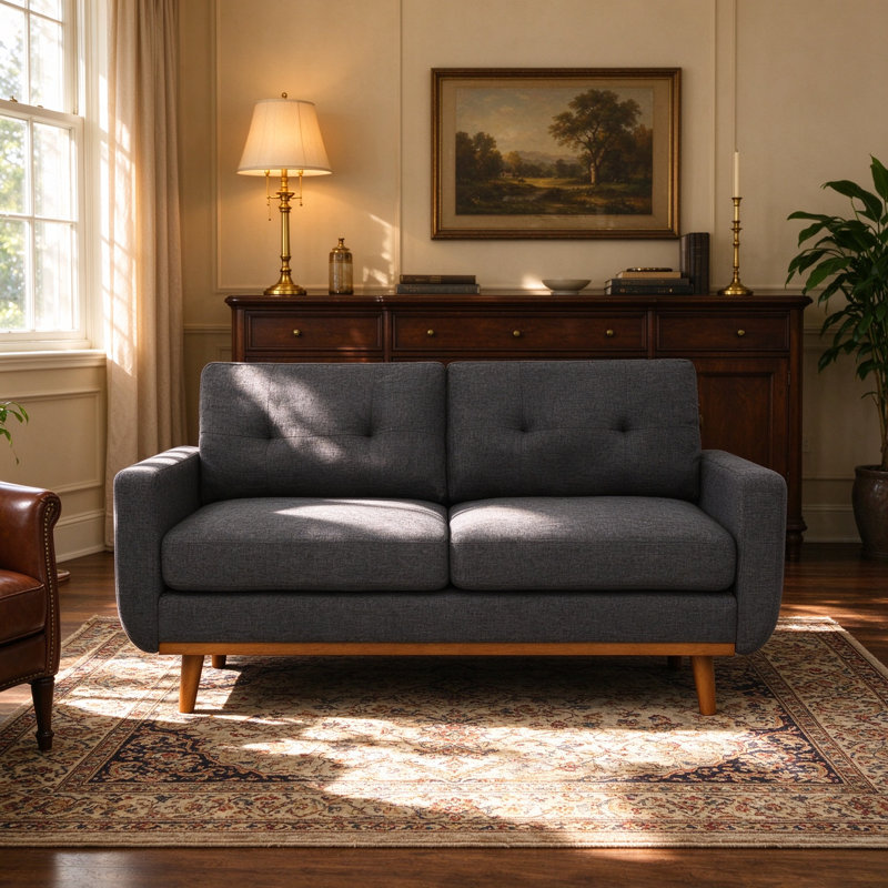 Canapé capitonné 67,7 po de largeur Mid-Century avec pieds en bois, Grey Polyester, Natural