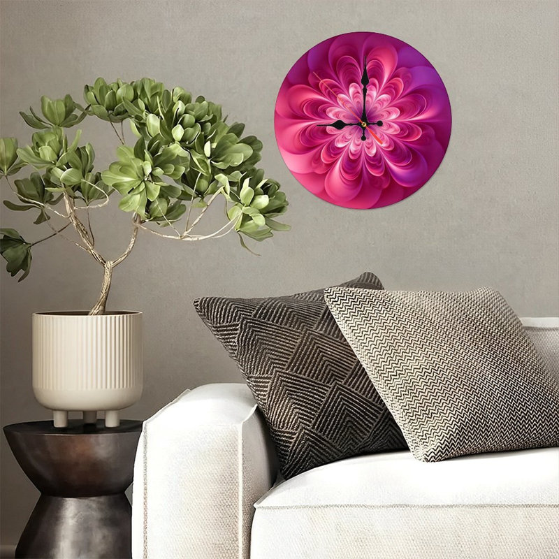 Horloge murale ronde en bois 10 po, mouvement à quartz silencieux, imprimé UV, à piles, Rose / Mauve