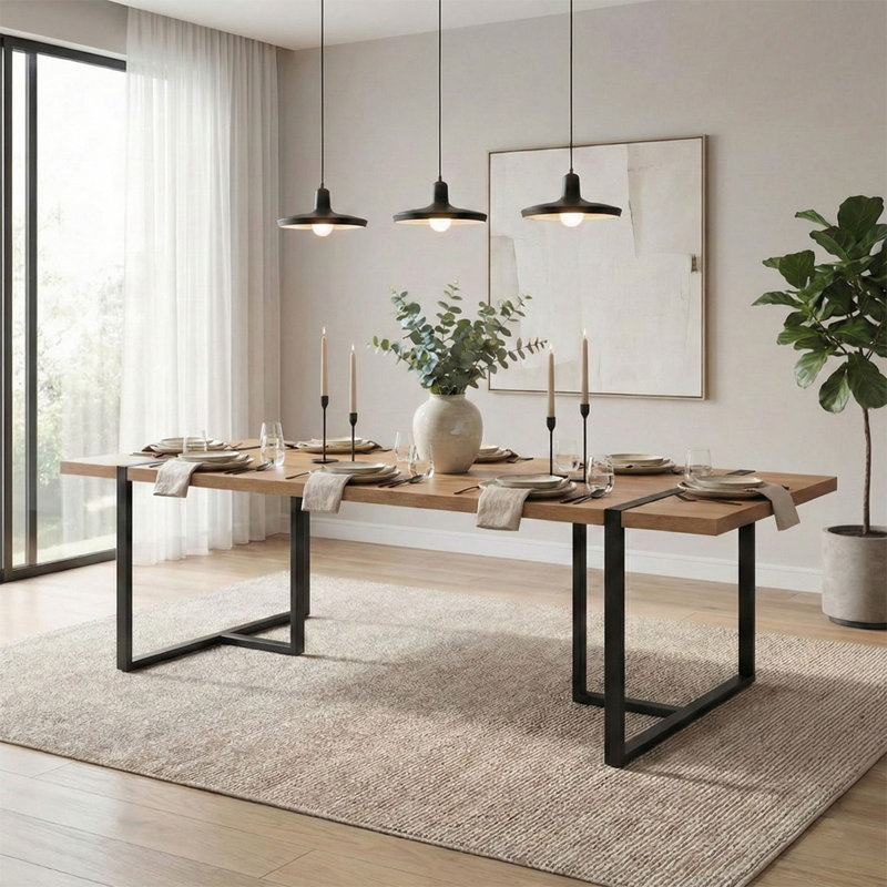 Table de salle à manger rectangulaire, cuisine et table à manger en grain de bois 79 po avec pieds en métal noir