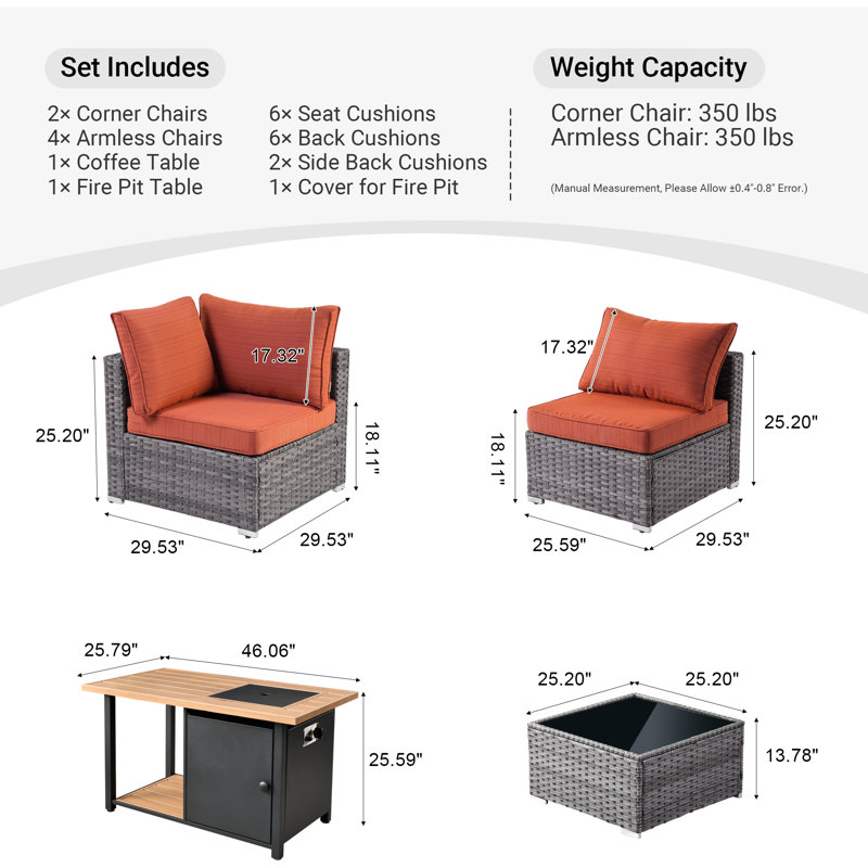 Ensemble de conversation modulaire avec coussins 8 pièces Wyckhoffe, Orange