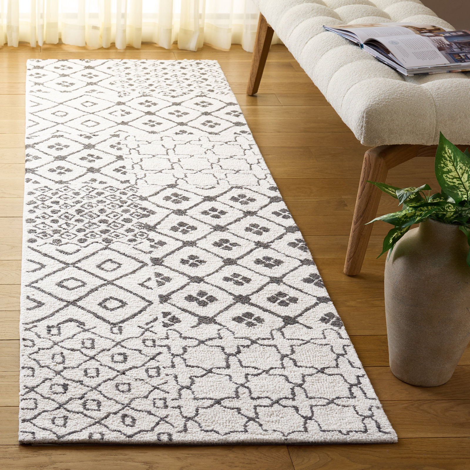 Hand-Tufted Geometric Wool Cotton Rug, Runner 2'3" x 8'