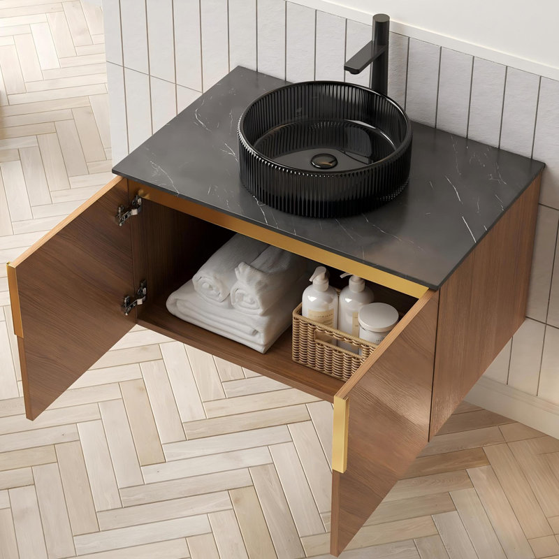 Meuble-lavabo mural 30 po avec portes doubles et lavabo rond en verre noir transparent, 30"