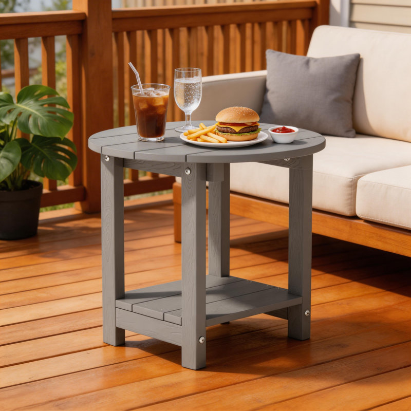 Harada 18 Inch Round Outdoor Side Table Adirondack Plastic/Resin Patio Side Table Weather Resistant End Table with Storage Shelf