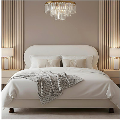Cream-colored Boucle Upholstered Bed with Rubber Wood Foot ,Queen