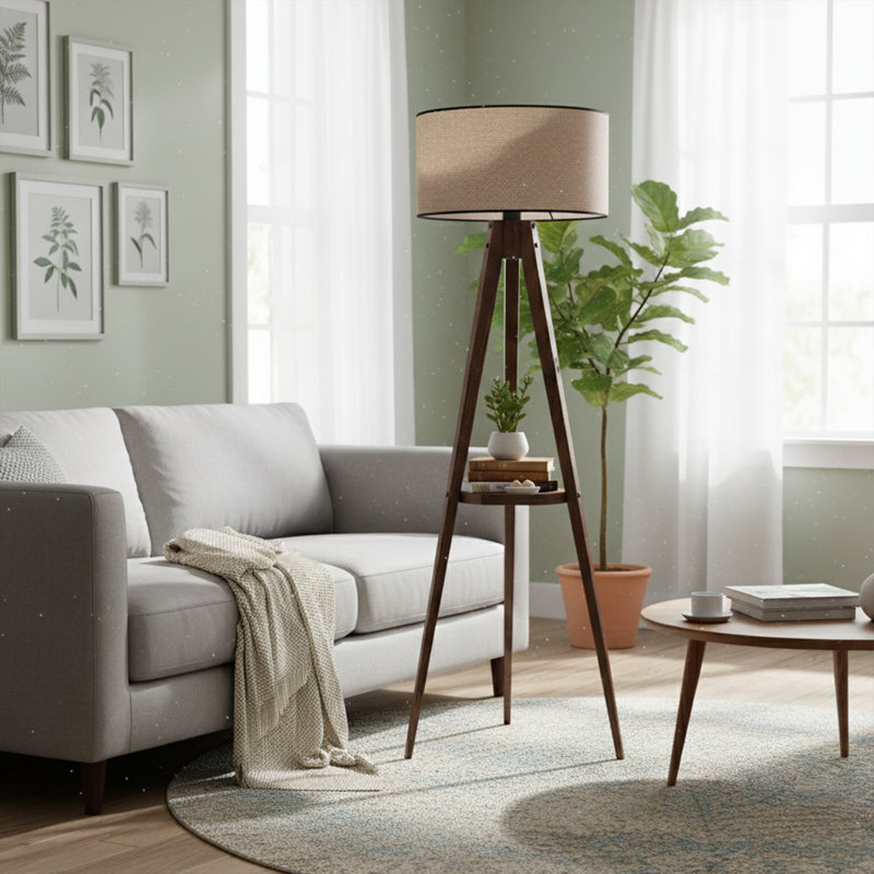 Wooden Body Drum Tripod Floor Lamp, Light Brown