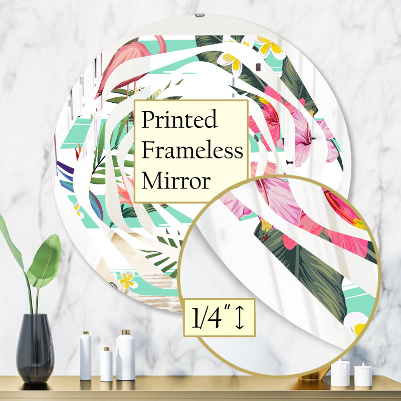 Miroir mural Whirl Coastal, H 31,5 po x l 31,5 po, Whirl Tropical Botanicals Flowers and Flamingo