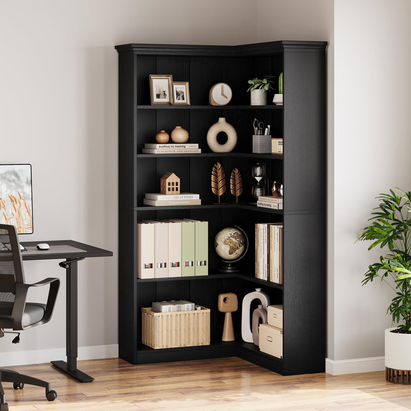 Bibliothèque en coin 72,8 "en forme de L, bibliothèque de style campagnard à 5 niveaux, rangement rustique et présentoir, panneau complet