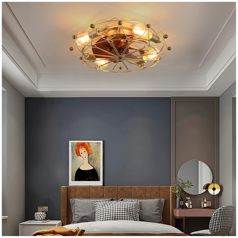 Low Profile Caged Ceiling Fan With Lights Remote Control, Embedded Modern Industrial Ceiling Fan, Gold