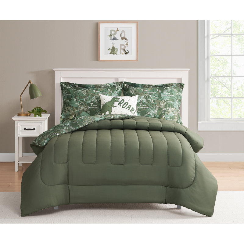 Dino Forest Green and White Microfiber Twin Comforter Set