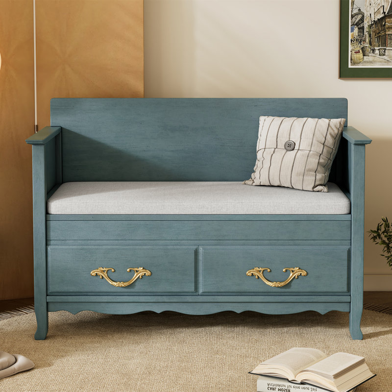 Banc de rangement à couvercle rabattable rembourré, Turquoise antique