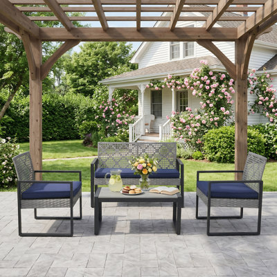 4-Piece Patio Furniture Set PE Wicker Outdoor Conversation Sets With  Acacia Wood Table Top & Cushions