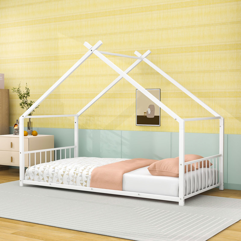 Metal Playhouse Bed With Roof And Slats, Twin, White