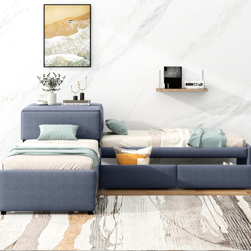 Lit plateforme en L avec tiroirs et lit gigogne gris
