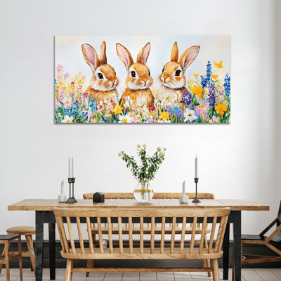 Art mural de lapin de Pâques GUTTATY, décoration murale de lapin de Pâques au printemps, décoration murale fleurs de lapin et printemps, impressions de Pâques pour le salon, la chambre à coucher, la chambre d'enfant, la chambre de bébé prête à être suspendue 20 po x 40 po