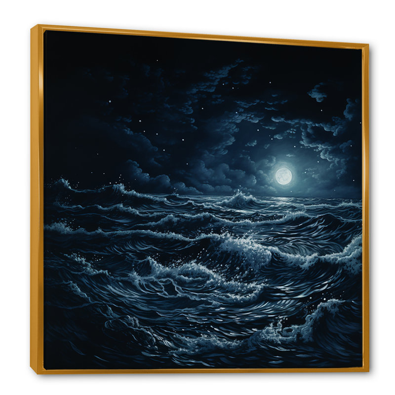 Moonlit Beach Ocean Storm - Vagues, art mural, Cadre flottant doré, H 30 po x l 30 po x P 1,5 po