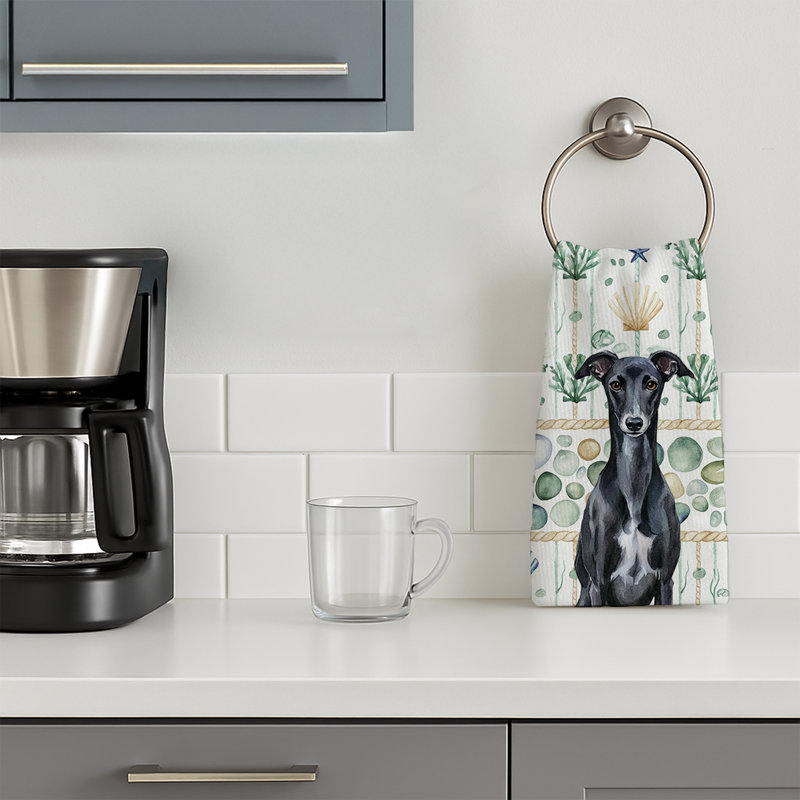 Black Whippet Coastal Sea Glass Kitchen Towel, Black Whippet