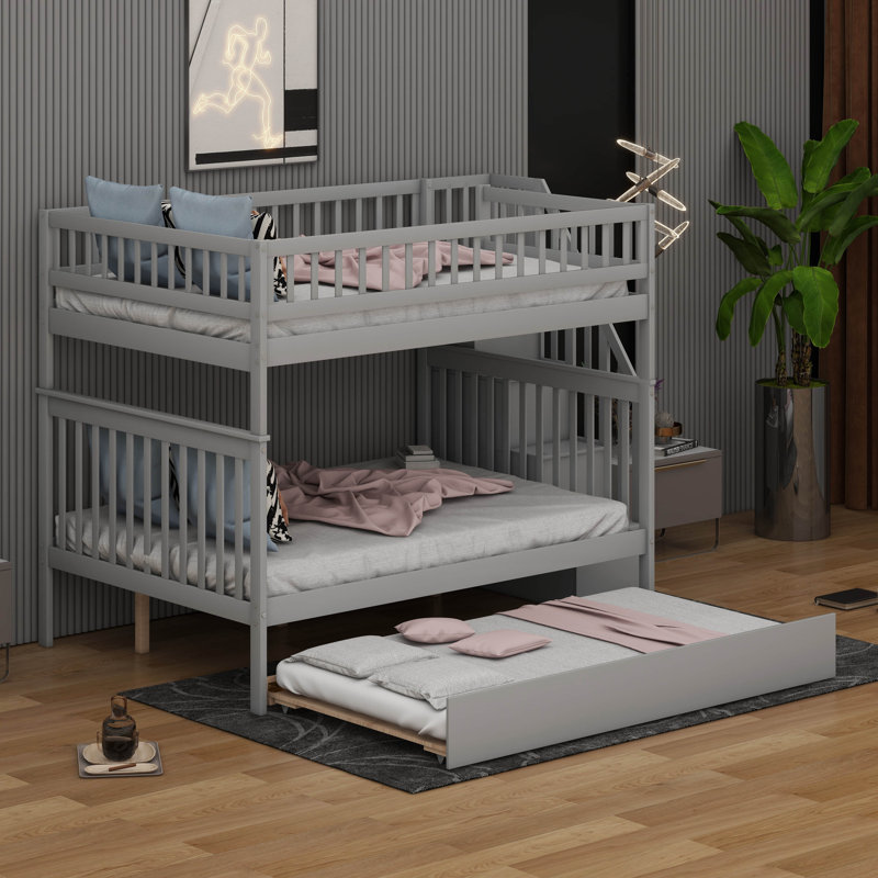 Full Over Full Bunk Bed With Trundle, Wooden Bunk Bed Frame With Storage Staircase And Safety Guardrails, Gray