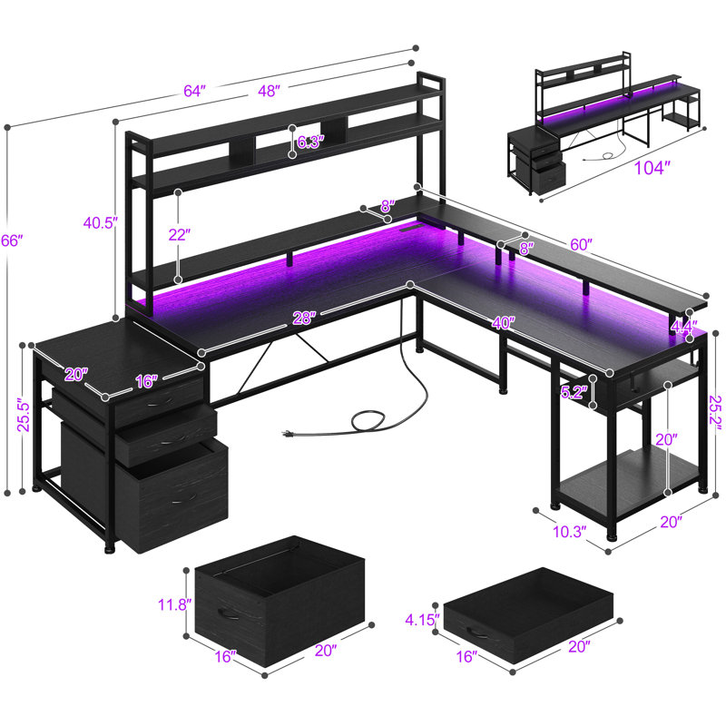 Mobean Modular L-Shaped Steel Computer Desk with Built-In Electrical Outlet, Black