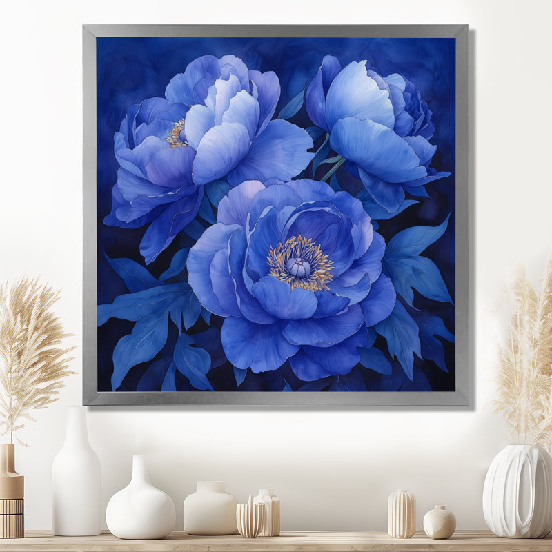 Minuit bleu pivoines Bouquet III - pivoines, art mural pour le salon, H 30 po x l 30 po, Argent argent