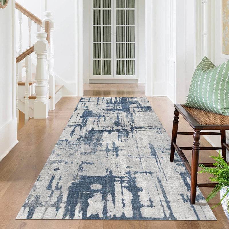 Tapis moderne et abstrait, tapis bleu gris vieilli avec envers antidérapant, tapis durable résistant aux taches pour l'entrée, le salon, la chambre à coucher, la salle à manger (plusieurs tailles)