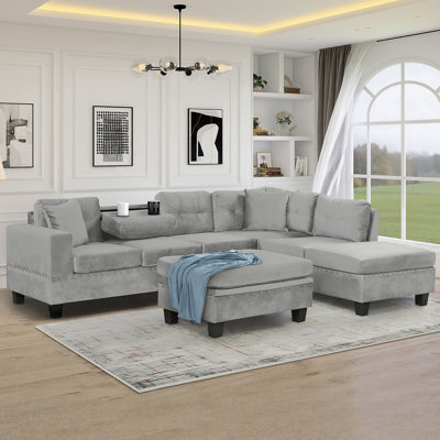 Canapé modulaire de 105 po avec repose-pieds avec rangement, canapé en L avec 2 coussins et porte-gobelets, canapé modulaire avec méridienne réversible pour le salon, gris