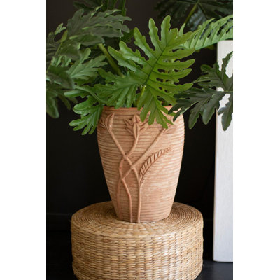  Terracotta Urn Vase Floral Carved Clay Design 16" Tall Decorative Accent