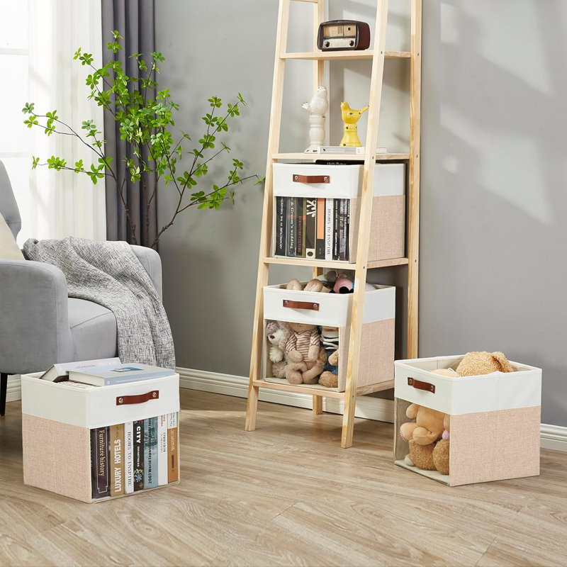13 X 13 Inch Collapsible Storage Box With Clear Window And Handles (Pack Of 4), Beige