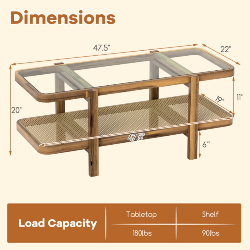 Table basse à 2 niveaux avec rangement et plateau en verre trempé