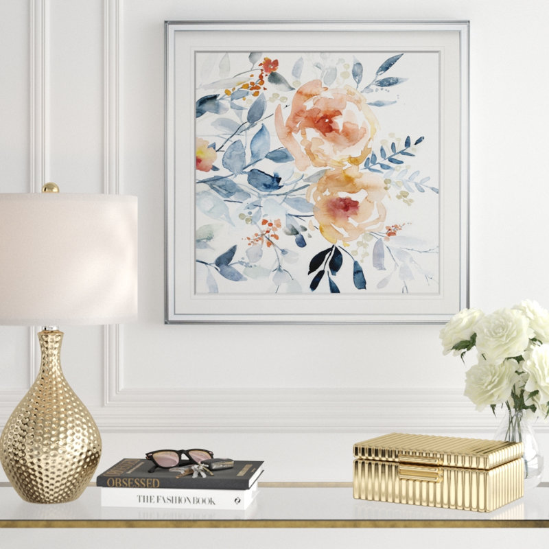 «Flowering Branches I», peinture, H 24 po x l 24 po x 1,5 po, Encadrement argenté