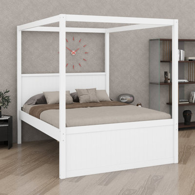 Lit plateforme à baldaquin avec lit gigogne et tiroirs, cadre renforcé avec lit d'appoint intégré et rangements