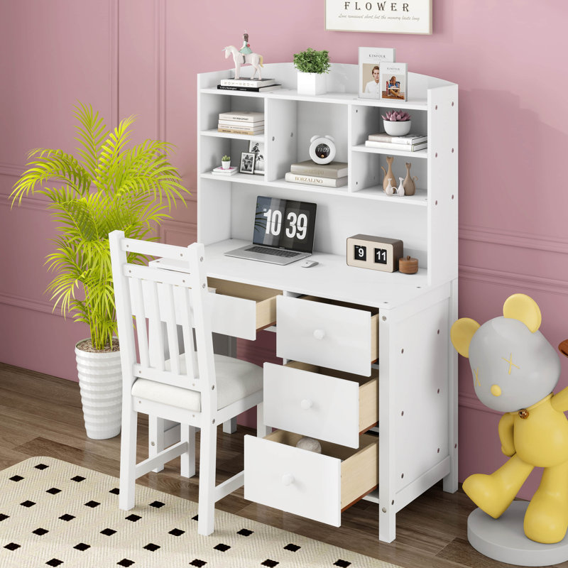 Writing Desk And Upholstered Chair Set With Bookshelf, 40'' Vintage Computer Desk With 4 Drawers, Hutch, And Chair, White