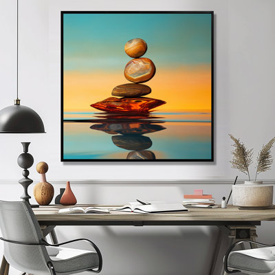 Zen pierres turquoise ciel coucher de soleil lueur - méditation salon d'art mural