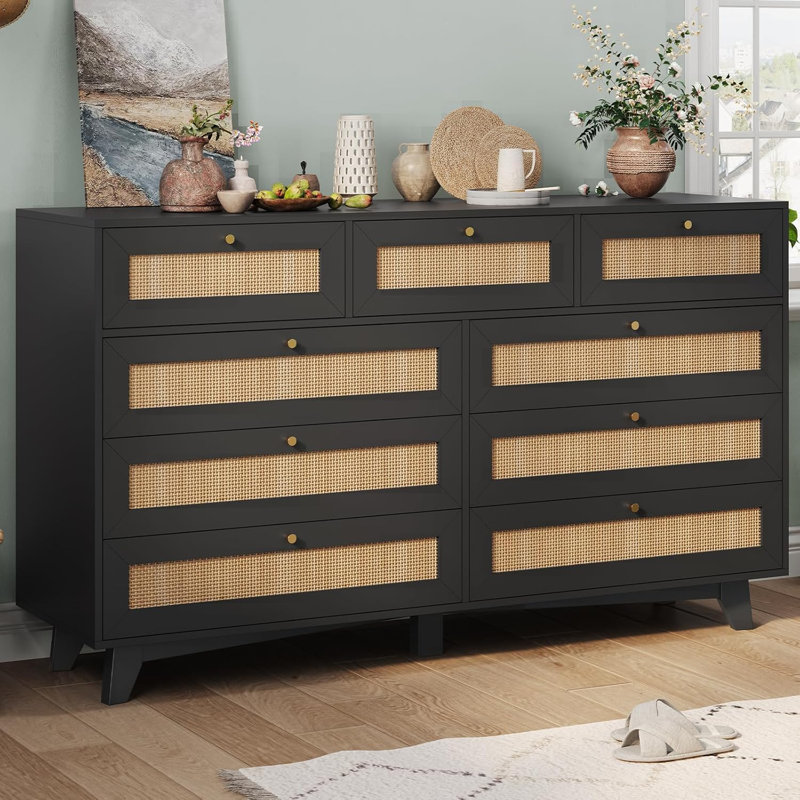  Commode 9 tiroirs Rattan, Noir