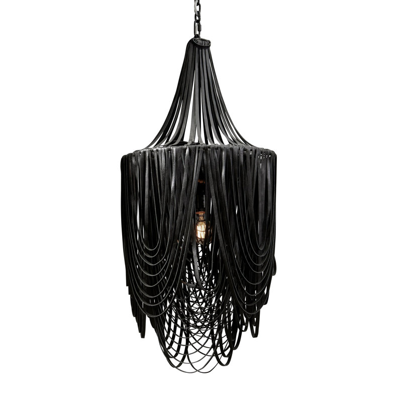 Small Leather Fringe Chandelier w/ Crown, Matte Black