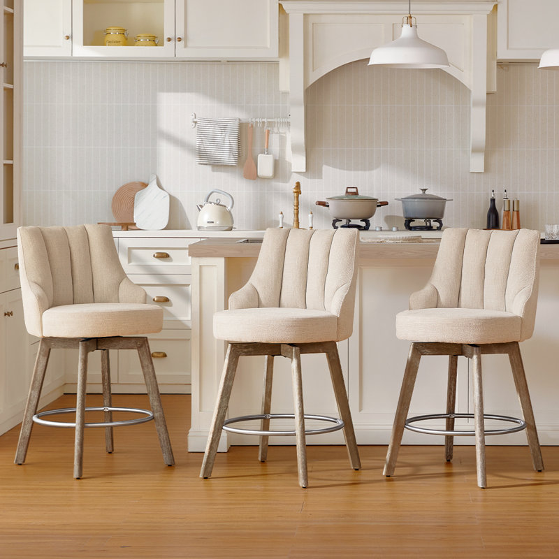 Counter Height Bar Stools,Swivel Bar Stools with Backs,Barstools Set of 3,26'' Solid Wood Legs,Thick Seat Upholstered Linen Fabric Counter Height Stools in Sand
