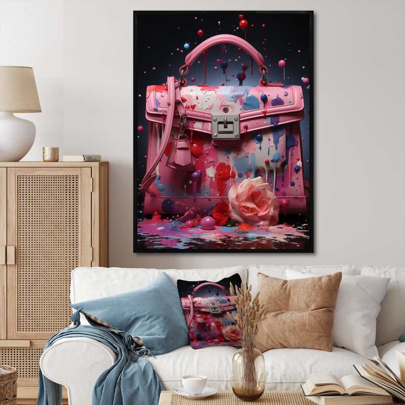Krystallia Fashion - Sac rose Popart - imprimé, Cadre flottant noir, H 32 po x l 16 po x P 1 po