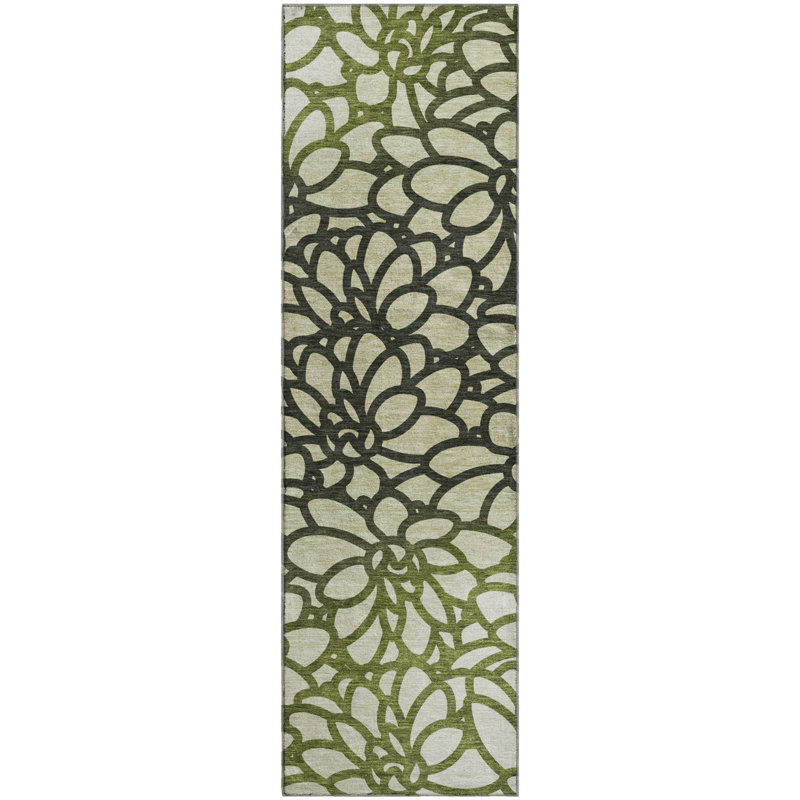Premium Machine Washable Mayfield AMF2412 Floral Rug, 2'3" x 7'6" Runner, Aloe