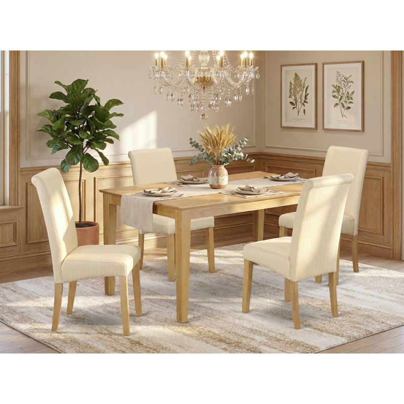 Cet ensemble de salle à manger 5 pièces comprend une table de salle à manger rectangulaire et 4 chaises Parson rembourrées en tissu beige clair