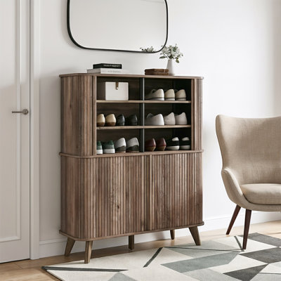Aurel Mid-Century 24-Pair Shoe Cabinet with Fluted Sliding Doors