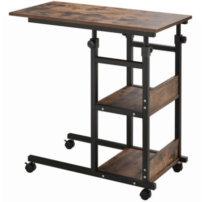 Industrial C-Shaped Mobile Rolling Sofa Side Table With 3-Tier Storage Shelving, Adjustable Height