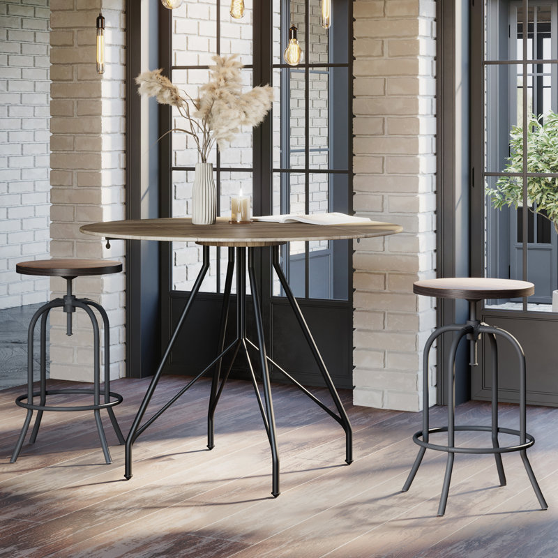 Alidis Swivel Bar Stools – 2 Adjustable Barstools for Counter or Bar Height with Round Wood Seat and Iron Tube Frame, Brown
