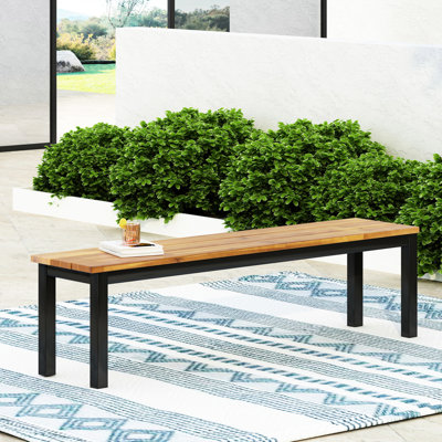Model Wood Bench With Metal Support For Patio Area, 63" Width Bench, 15" Depth, 17.89" Height, Mix Sleek Look Base Backyard Place, Width, Combination by IntrospectiveIncline