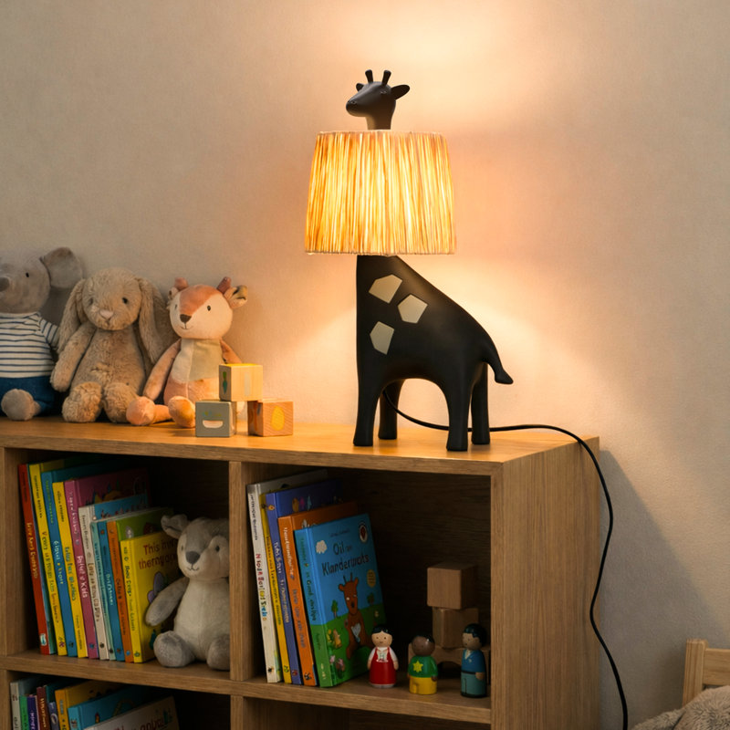 Lampe de table à girafe moderne avec abat-jour en raphia tissé à la main, base en résine, 3 lumières à DEL intégrées, Noir