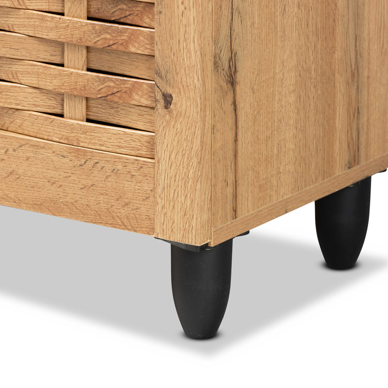 Essien Shoe Storage Cabinet in Oak Brown Wood with 4 Door 6 Shelves, 48.2" H X 30" W X 13.1"D