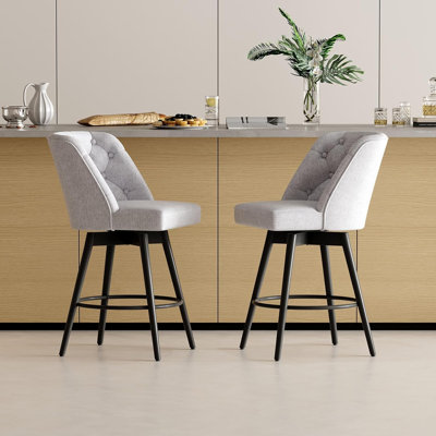 Ensemble de 2 tabourets de bar pivotants modernes - Chaises à hauteur de comptoir de 26 po avec dossier - Tissu en lin rembourré, sièges confortables, repose-pieds en fer robuste - Idéal pour un îlot de cuisine, un bar, une salle à manger