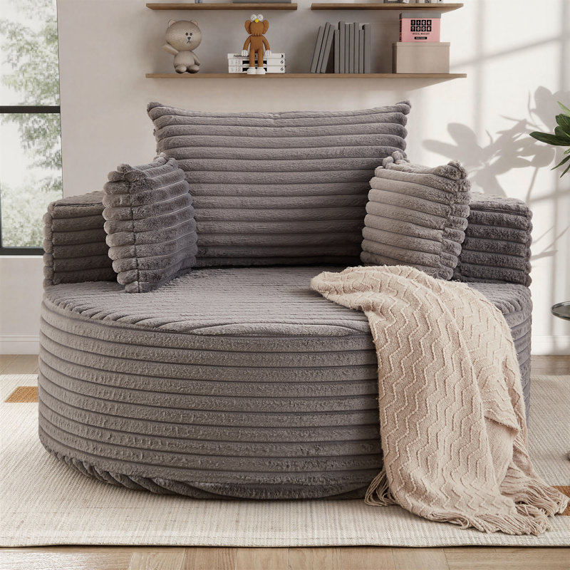 Fauteuil demi-tonneau rembourré en velours côtelé 49 po Lozena, chaise longue à compression ronde surdimensionnée, aucun assemblage requis